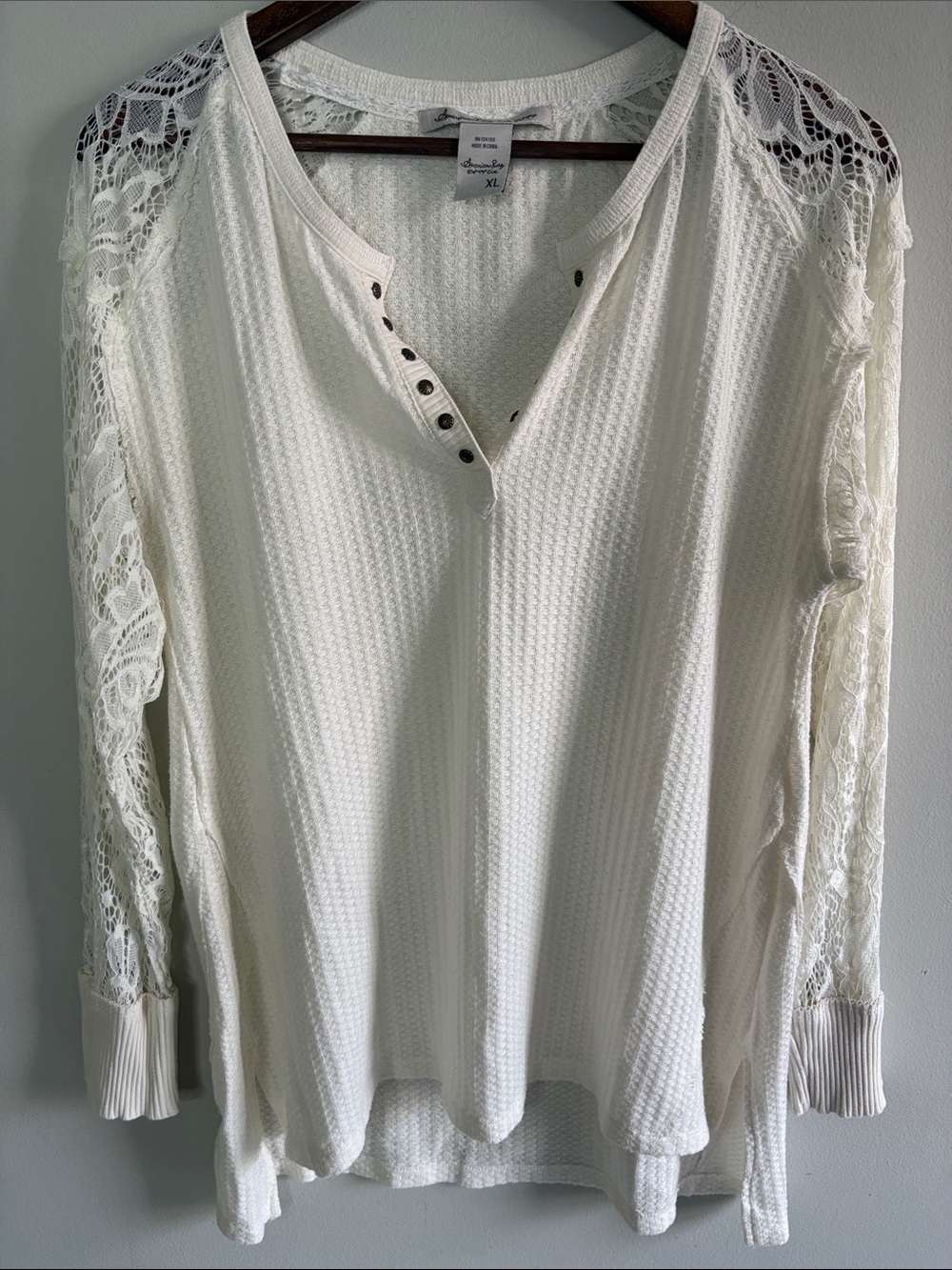 Women's Cream Lace-Sleeve Henley Top